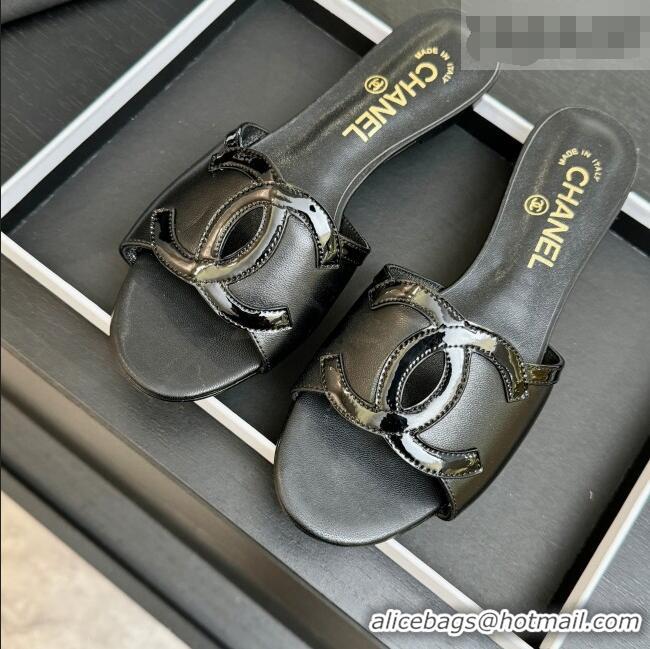 Low Cost Chanel Lambskin & Patent Leather Flat Mules Sandals G47252 Black 2026