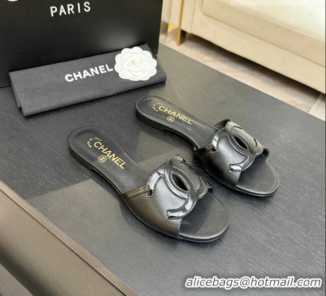 Low Cost Chanel Lambskin & Patent Leather Flat Mules Sandals G47252 Black 2026