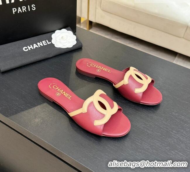 Top Quality Chanel Lambskin Flat Mules Sandals G47252 Deep Red 2026