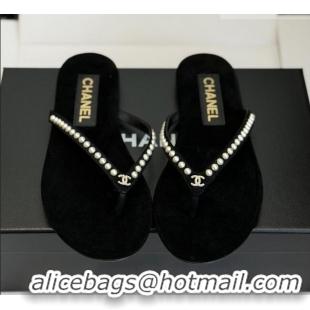 Buy New Cheap Chanel Velvet Thongs with Pearls CH32806 Black 2026