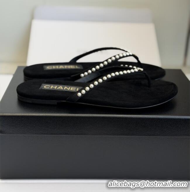 Buy New Cheap Chanel Velvet Thongs with Pearls CH32806 Black 2026