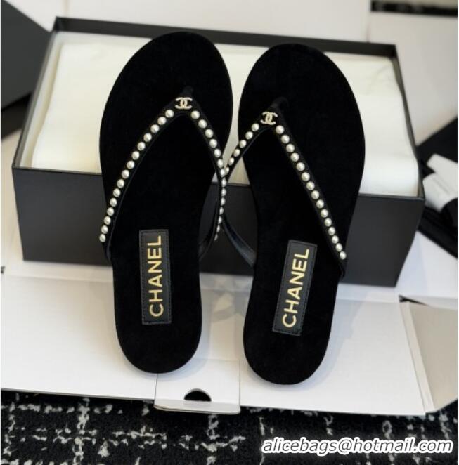 Buy New Cheap Chanel Velvet Thongs with Pearls CH32806 Black 2026
