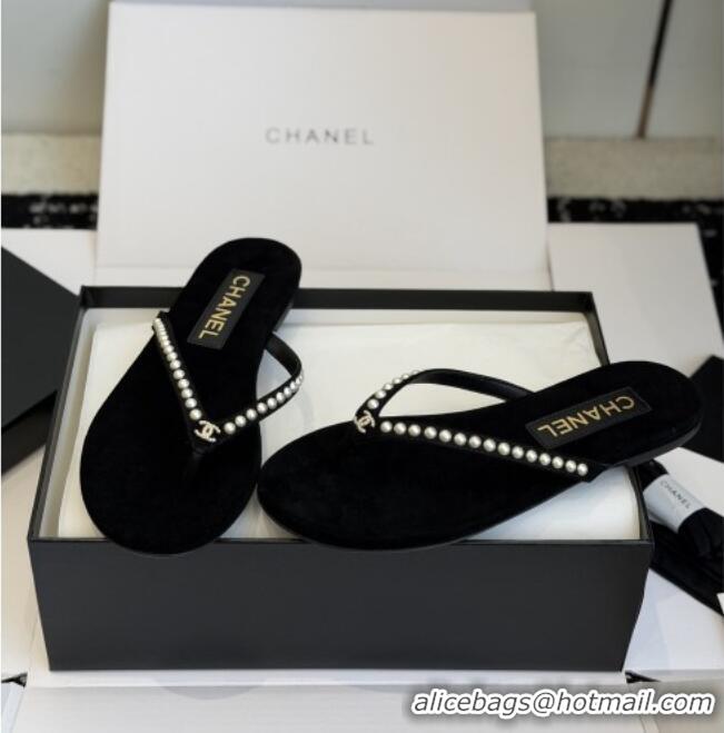 Buy New Cheap Chanel Velvet Thongs with Pearls CH32806 Black 2026