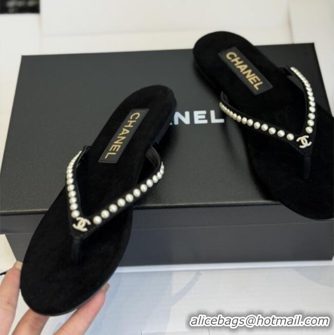 Buy New Cheap Chanel Velvet Thongs with Pearls CH32806 Black 2026