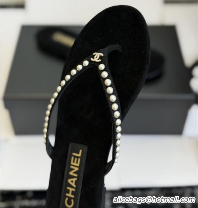 Buy New Cheap Chanel Velvet Thongs with Pearls CH32806 Black 2026