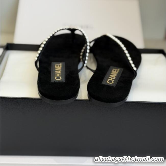 Buy New Cheap Chanel Velvet Thongs with Pearls CH32806 Black 2026