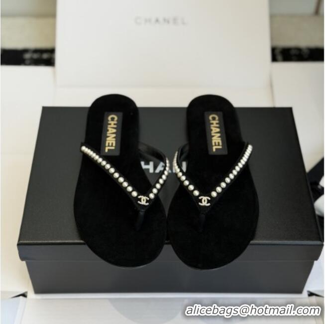 Buy New Cheap Chanel Velvet Thongs with Pearls CH32806 Black 2026