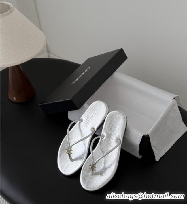 ​Cheapest Chanel Thongs in Crackled Laminated Calfskin G47243 Silver Spring Summer 2026
