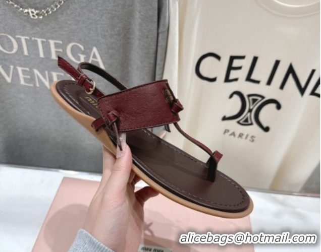 Stylish Miu Miu Leather Thong Flat Sandals MM022702 Burgundy 2026