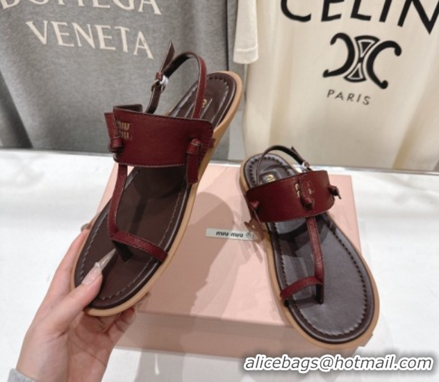 Stylish Miu Miu Leather Thong Flat Sandals MM022702 Burgundy 2026
