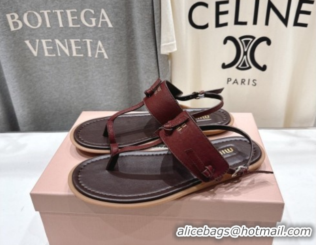 Stylish Miu Miu Leather Thong Flat Sandals MM022702 Burgundy 2026