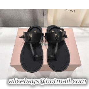 Good Quality Miu Miu Leather Thong Flat Sandals MM022702 Black 2026