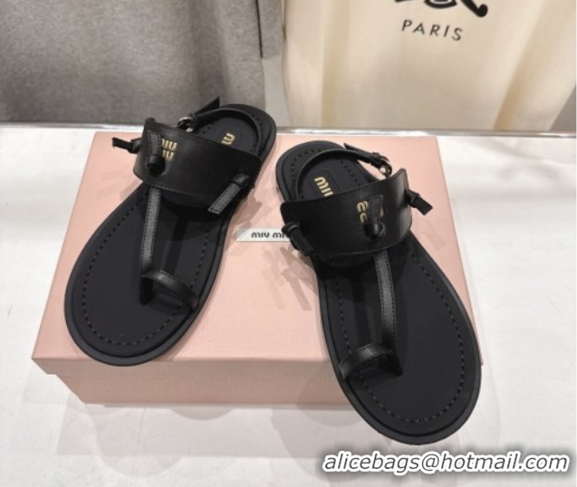 Good Quality Miu Miu Leather Thong Flat Sandals MM022702 Black 2026