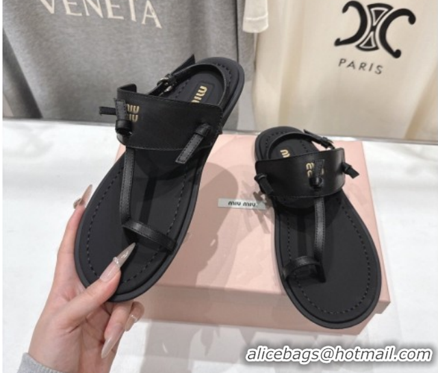 Good Quality Miu Miu Leather Thong Flat Sandals MM022702 Black 2026