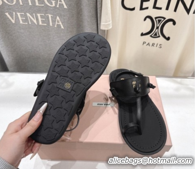 Good Quality Miu Miu Leather Thong Flat Sandals MM022702 Black 2026