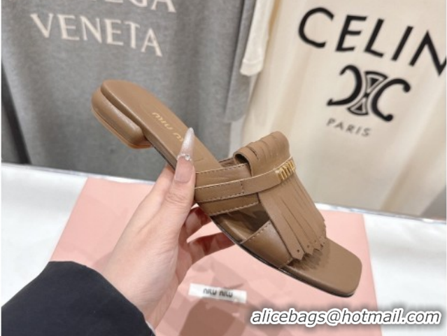 Best Price Miu Miu Fringe Leather Flat Slides Sandal MM022703 Brown 2026