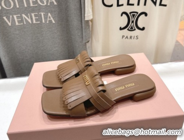 Best Price Miu Miu Fringe Leather Flat Slides Sandal MM022703 Brown 2026
