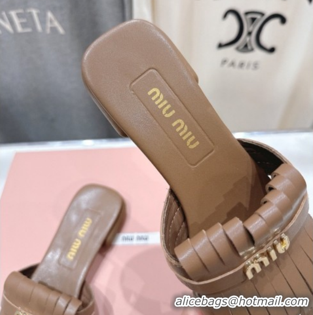 Best Price Miu Miu Fringe Leather Flat Slides Sandal MM022703 Brown 2026