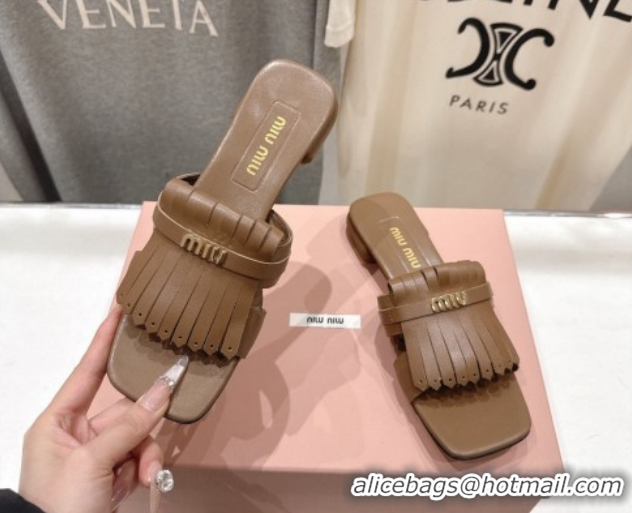Best Price Miu Miu Fringe Leather Flat Slides Sandal MM022703 Brown 2026