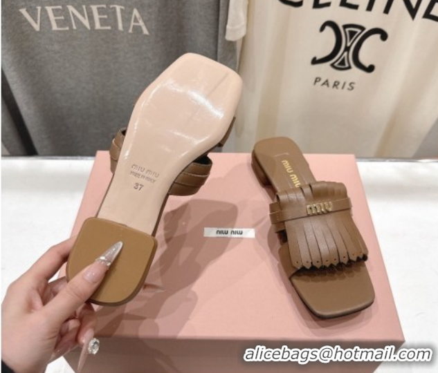 Best Price Miu Miu Fringe Leather Flat Slides Sandal MM022703 Brown 2026