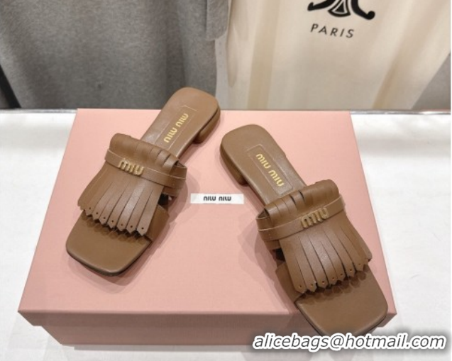 Best Price Miu Miu Fringe Leather Flat Slides Sandal MM022703 Brown 2026