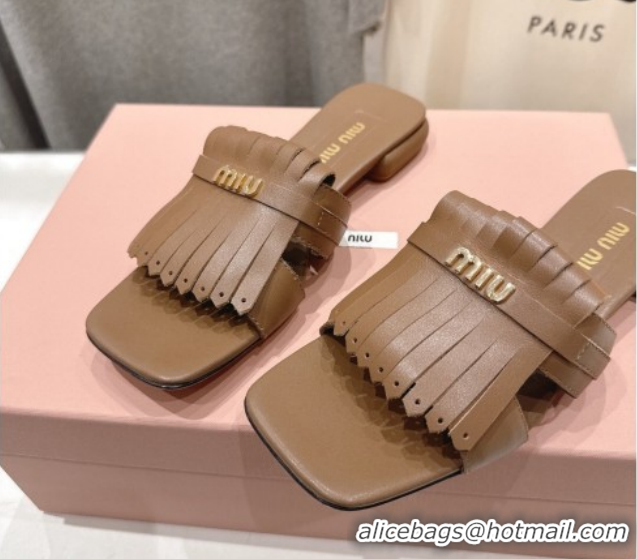 Best Price Miu Miu Fringe Leather Flat Slides Sandal MM022703 Brown 2026