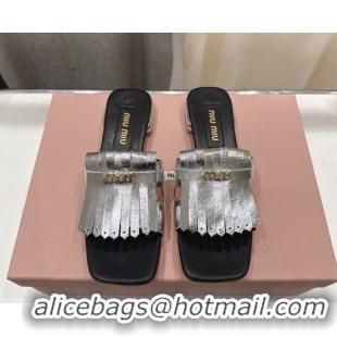 Purchase Miu Miu Fringe Leather Flat Slides Sandal MM022703 Silver 2026