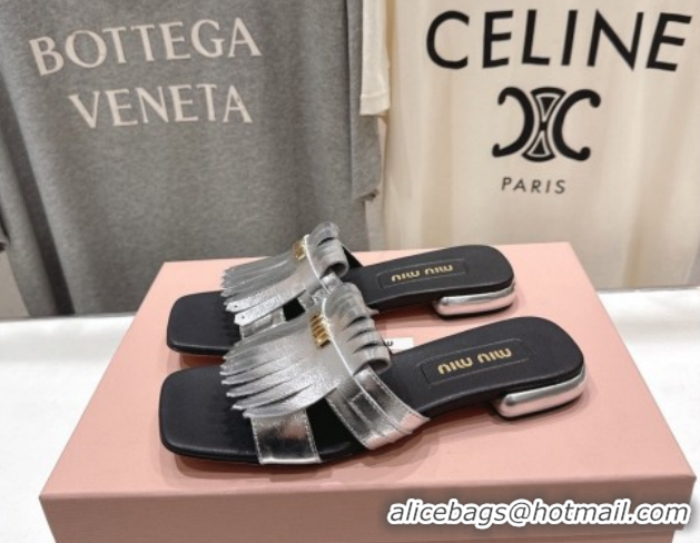 Purchase Miu Miu Fringe Leather Flat Slides Sandal MM022703 Silver 2026