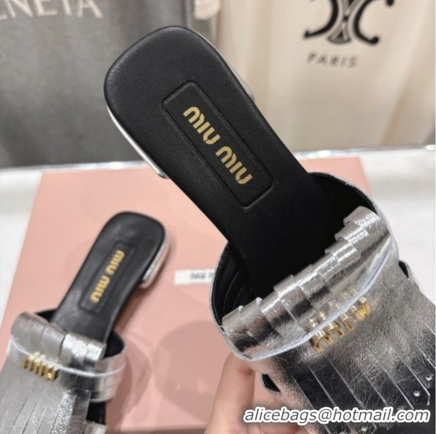 Purchase Miu Miu Fringe Leather Flat Slides Sandal MM022703 Silver 2026