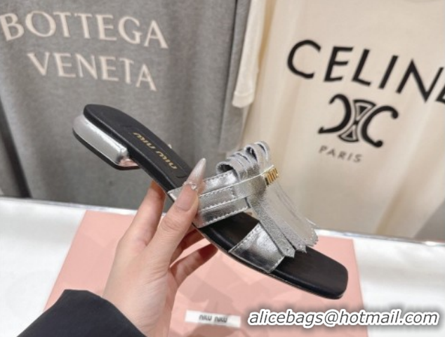 Purchase Miu Miu Fringe Leather Flat Slides Sandal MM022703 Silver 2026