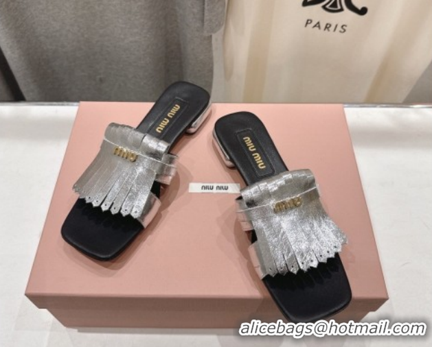 Purchase Miu Miu Fringe Leather Flat Slides Sandal MM022703 Silver 2026