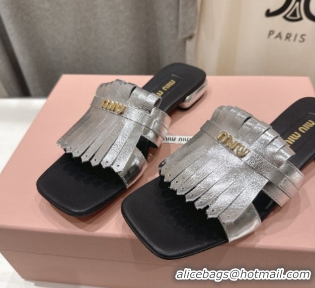 Purchase Miu Miu Fringe Leather Flat Slides Sandal MM022703 Silver 2026