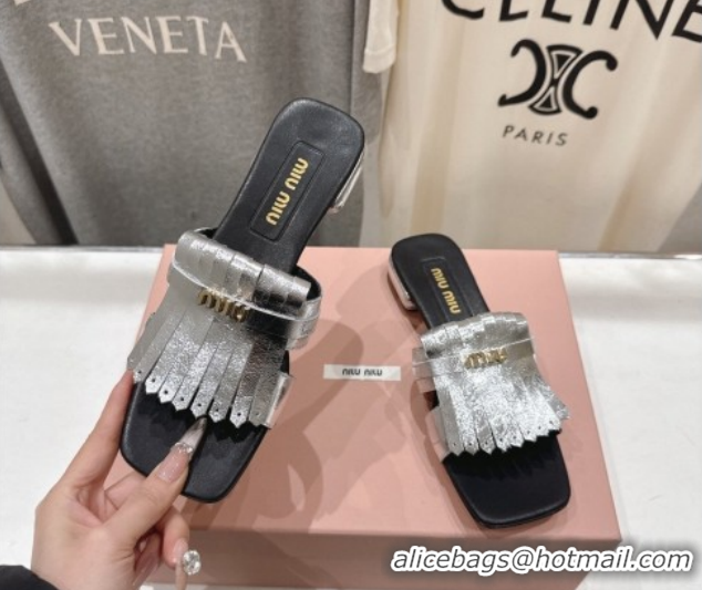 Purchase Miu Miu Fringe Leather Flat Slides Sandal MM022703 Silver 2026