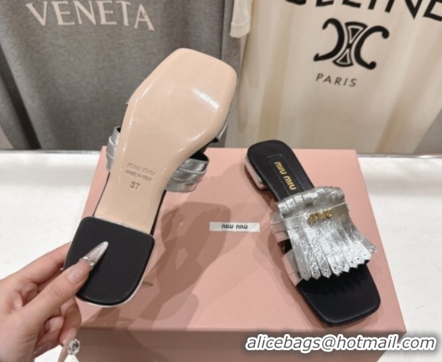 Purchase Miu Miu Fringe Leather Flat Slides Sandal MM022703 Silver 2026