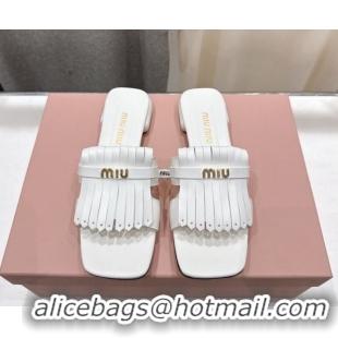 Trendy Design Miu Miu Fringe Leather Flat Slides Sandal MM022703 White 2026