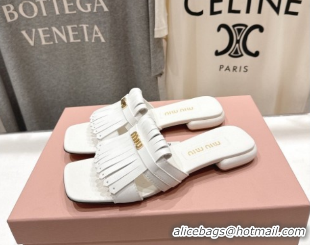 Trendy Design Miu Miu Fringe Leather Flat Slides Sandal MM022703 White 2026
