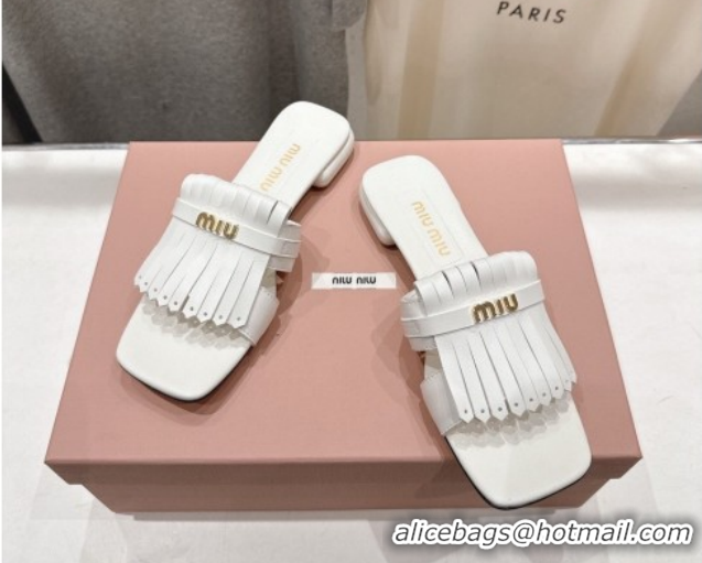 Trendy Design Miu Miu Fringe Leather Flat Slides Sandal MM022703 White 2026