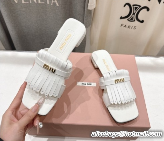 Trendy Design Miu Miu Fringe Leather Flat Slides Sandal MM022703 White 2026