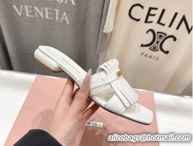 Trendy Design Miu Miu Fringe Leather Flat Slides Sandal MM022703 White 2026