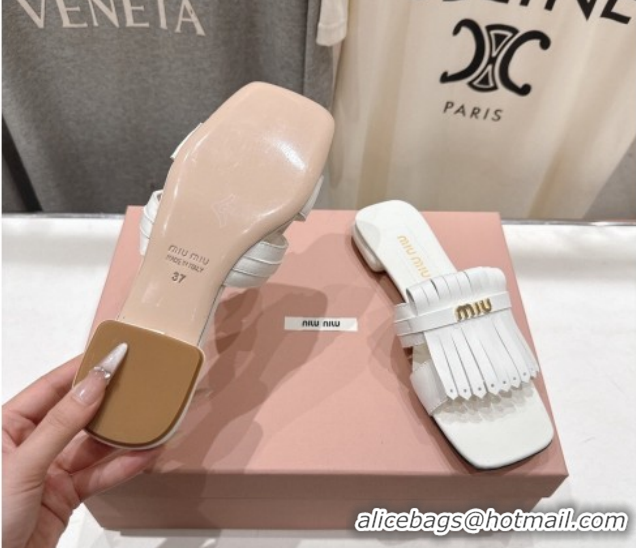 Trendy Design Miu Miu Fringe Leather Flat Slides Sandal MM022703 White 2026