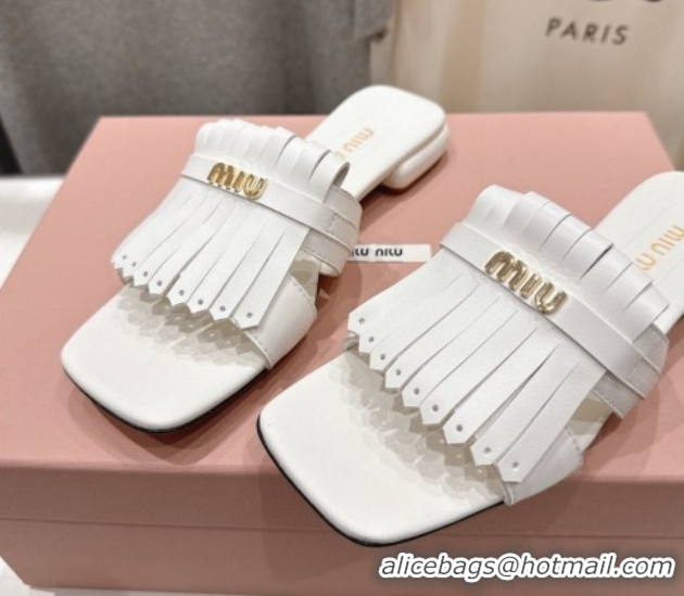 Trendy Design Miu Miu Fringe Leather Flat Slides Sandal MM022703 White 2026