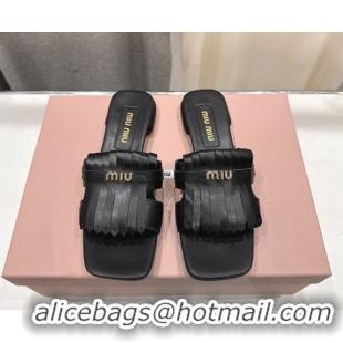Grade Quality Miu Miu Fringe Leather Flat Slides Sandal MM022703 Black 2026