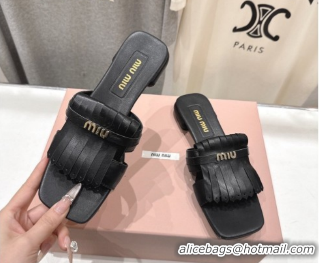 Grade Quality Miu Miu Fringe Leather Flat Slides Sandal MM022703 Black 2026