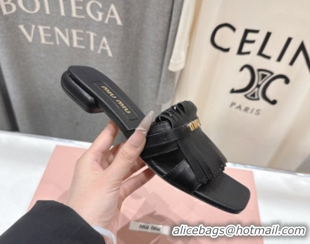 Grade Quality Miu Miu Fringe Leather Flat Slides Sandal MM022703 Black 2026