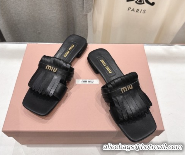 Grade Quality Miu Miu Fringe Leather Flat Slides Sandal MM022703 Black 2026