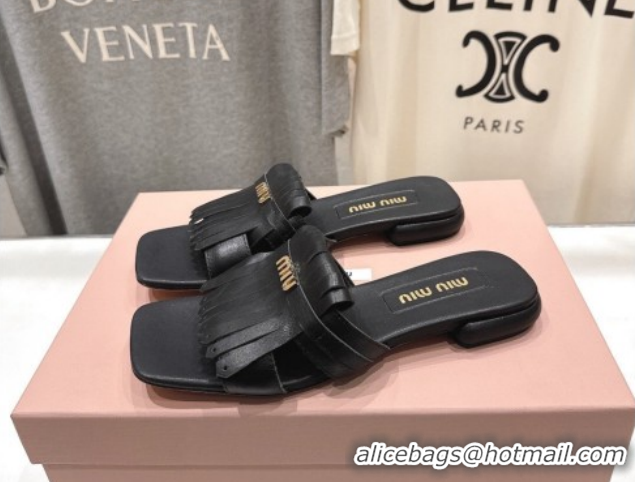 Grade Quality Miu Miu Fringe Leather Flat Slides Sandal MM022703 Black 2026