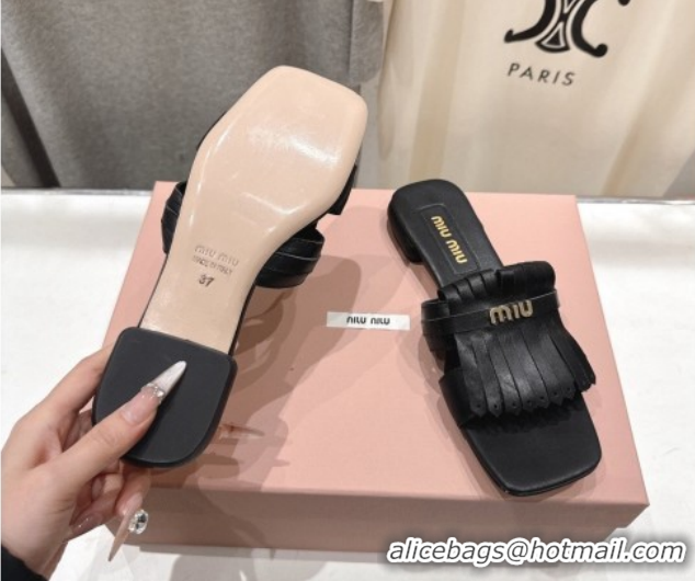 Grade Quality Miu Miu Fringe Leather Flat Slides Sandal MM022703 Black 2026