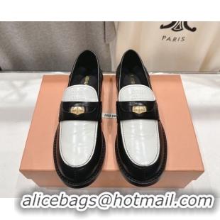 Discount Miu Miu Leather Penny Loafers 5D773D Black/White 2026