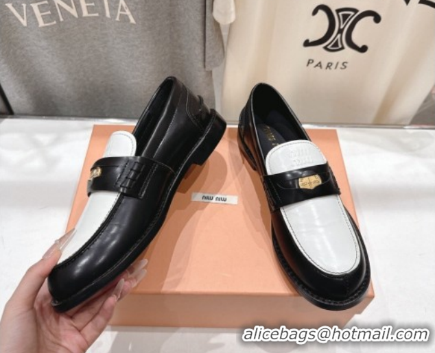 Discount Miu Miu Leather Penny Loafers 5D773D Black/White 2026