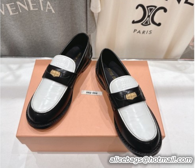 Discount Miu Miu Leather Penny Loafers 5D773D Black/White 2026